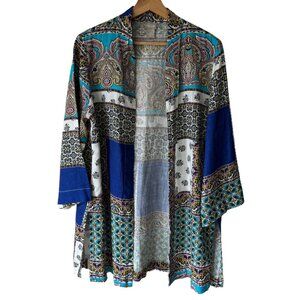 Chico's Size 2P US 12 Petite Patchwork Linen Duster Jacket Open Front 3/4 Sleeve